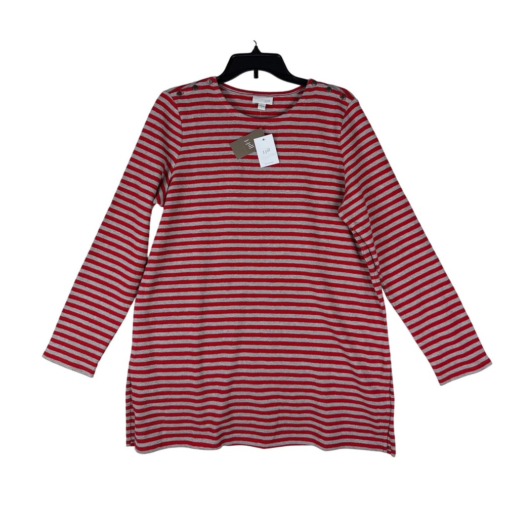 J. Jill Womens Red Grey Striped Cotton Tunic Top Shoulder Button Detail Sz M NWT